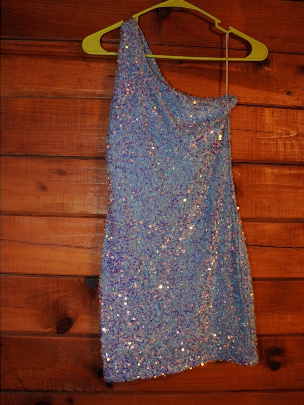 One-Shoulder Sequin Mini Dress in Iridescent Lavender-Blue